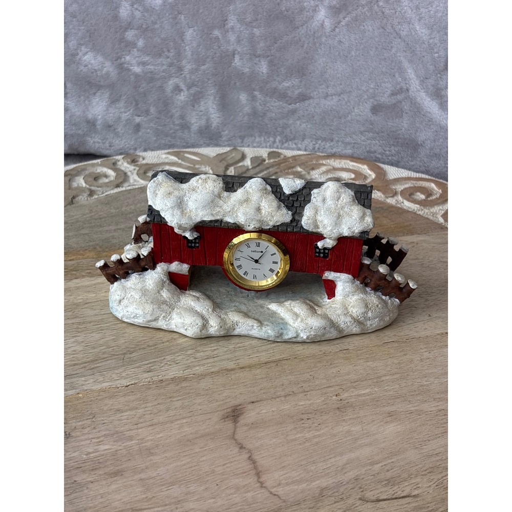 Salton Quartz Clock Red Covered Bridge‎ Winter Snow Figurine Rustic Decor